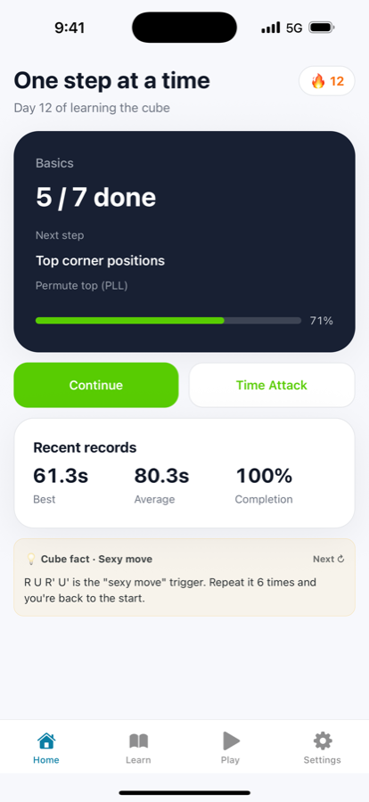Home screen with streak and progress